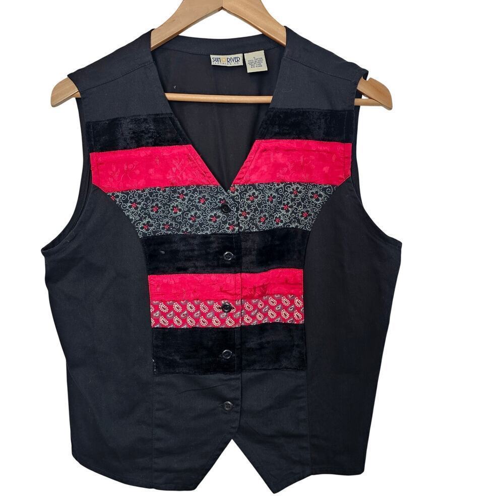 Vintage Velvet Vest Womens Large 90s Black Floral Patchwork Glam Retro Cottage